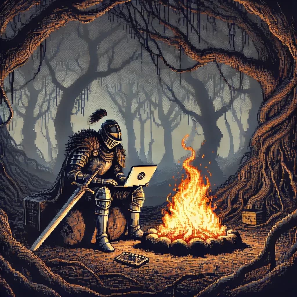 Dark Souls-style illustration of a fatigued developer — stamina drained by notifications